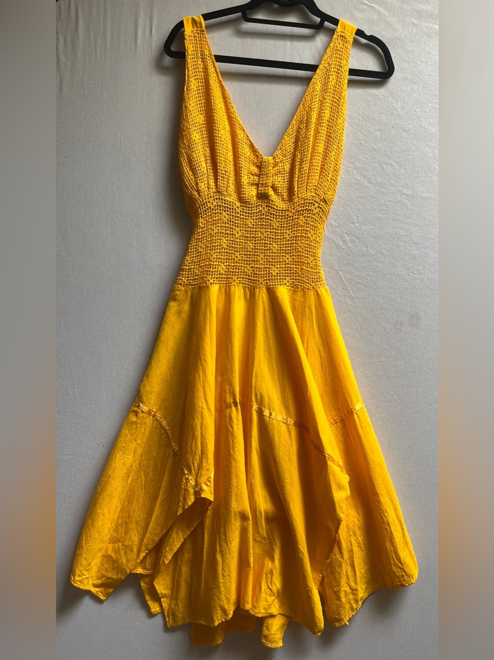 Bright Yellow Crochet Bodice Sun Dress Linen Blend S/M